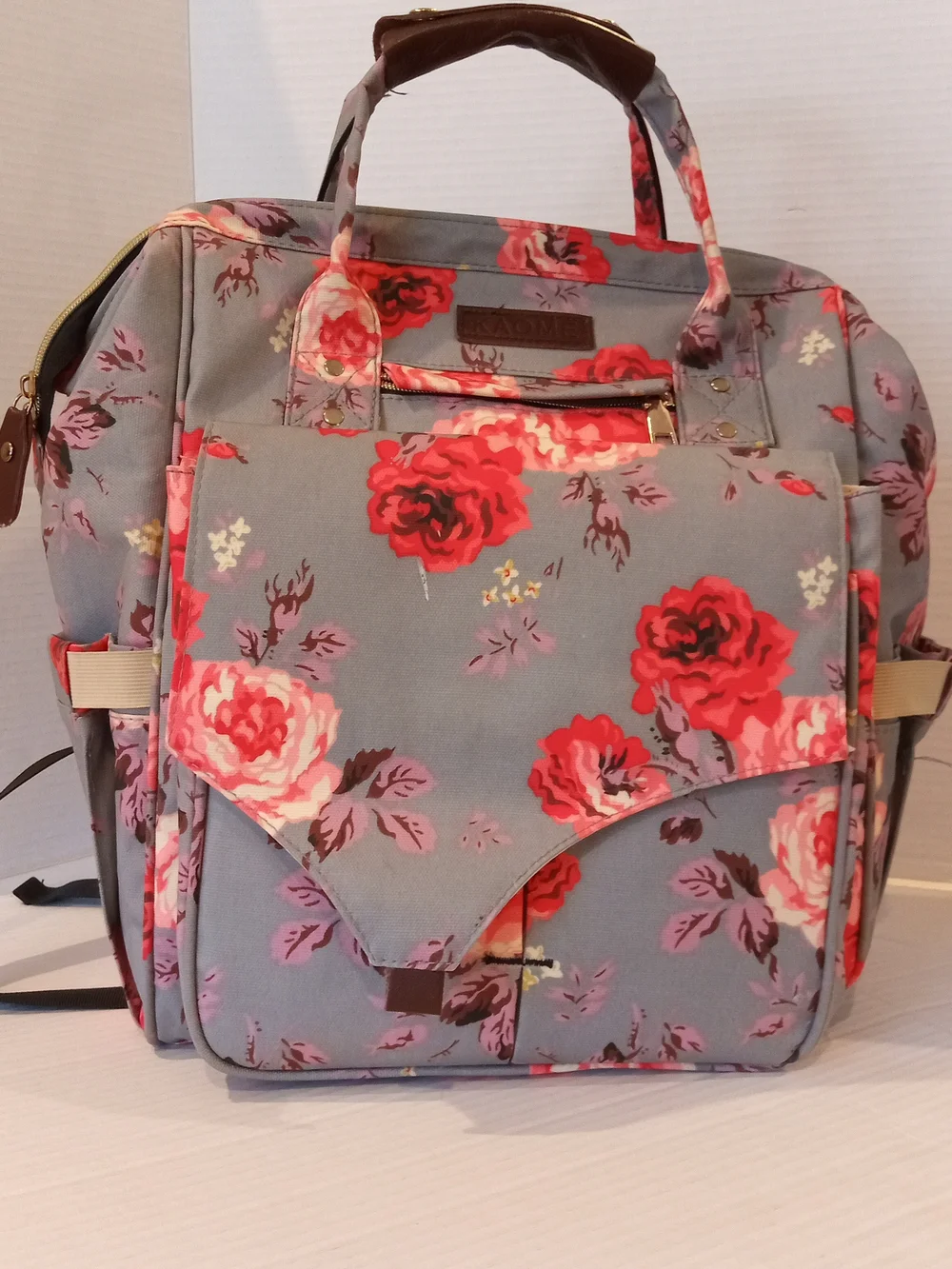 Kaom Floral Roses Gray & Pink Women’s Tote Diaper Bag Backpack
